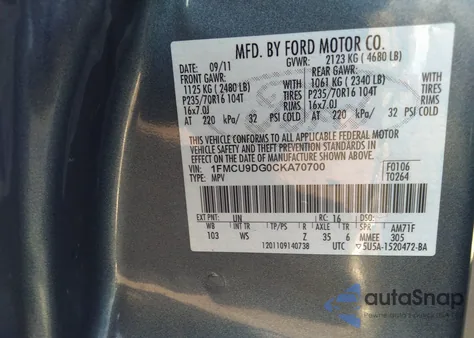 2012 Ford Escape Xlt from USA, damaged, VIN 1FMCU9DG0CKA70700